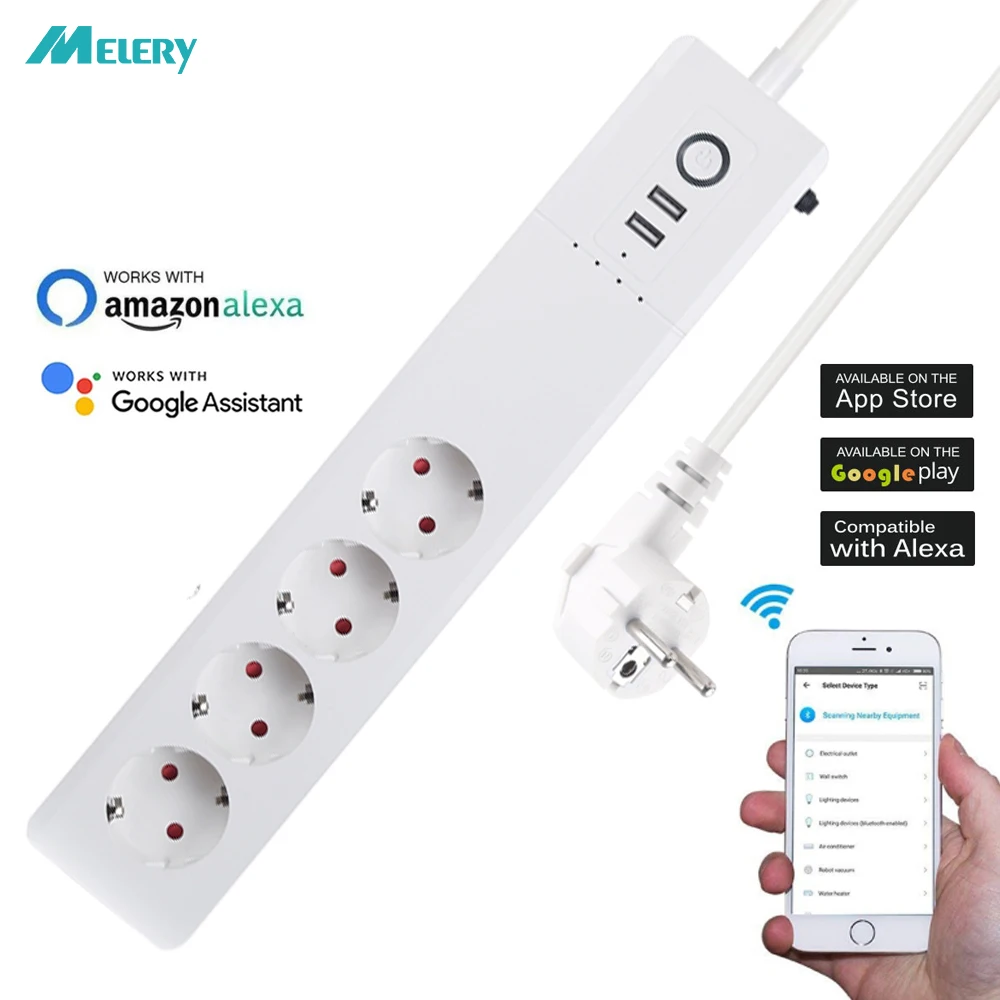 

Wifi Smart Power Strip Surge Protector EU Plug Outlets Sockets with USB Charger 1.5 Extension Cord Work with Google Home Alexa