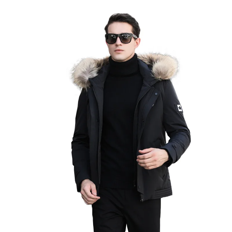 Новинка, модное мужское пальто с воротником из меха енота, теплое зимнее одноцветное пальто на молнии, пуховик с капюшоном, 18018 - Цвет: Черный