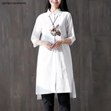Spring Summer Tops Ladies Seven Sleeve Honey Bee Embroidery Side Slit High Low Plus Size Woman White Shirt Linen Cotton Blouses embroidered high low slit side blouse