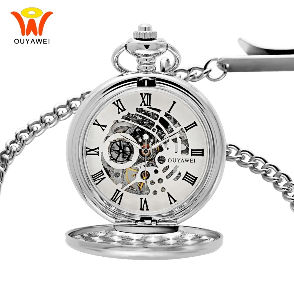 Ouyawei механические ручные карманные часы с цепочкой, мужские винтажные прозрачные карманные часы со скелетом и брелоком, мужские часы