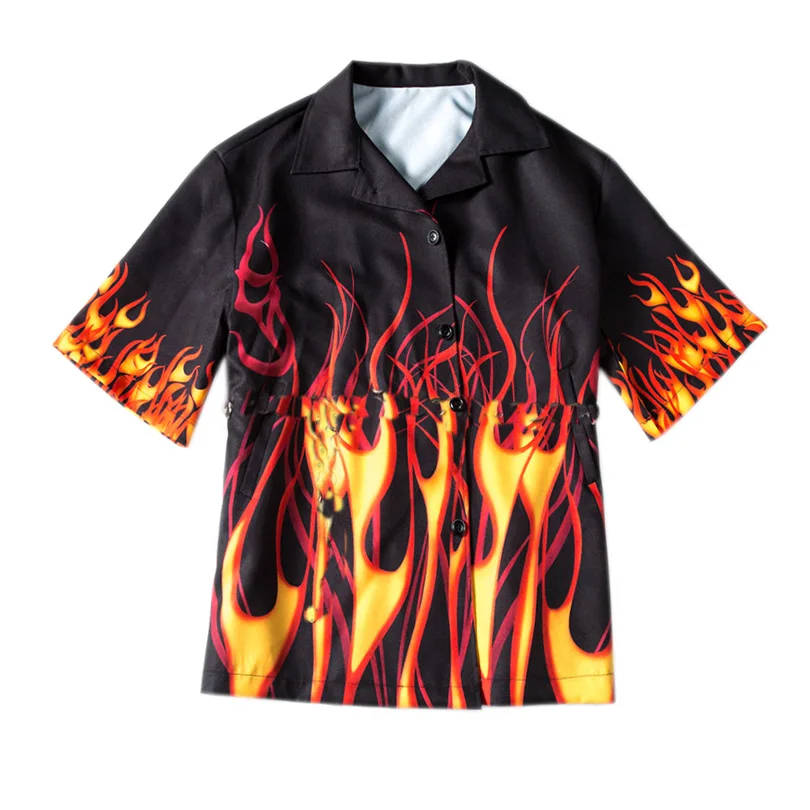 Осенняя Блузка для девочек в стиле панк, Harajuku, рубашки, готический принт с пламенем, топы, блузы, свободные модные длинные блузки, женская одежда - Цвет: Tops