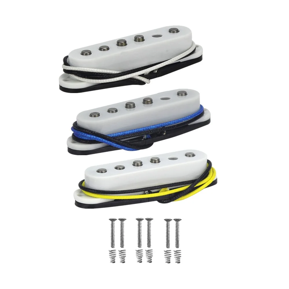 

FLEOR 3pcs Alnico 5 Staggered Single Coil Guitar Pickup Neck/Middle/Bridge Pickup Fiber Bobbin Cloth Cable Guitar Parts White