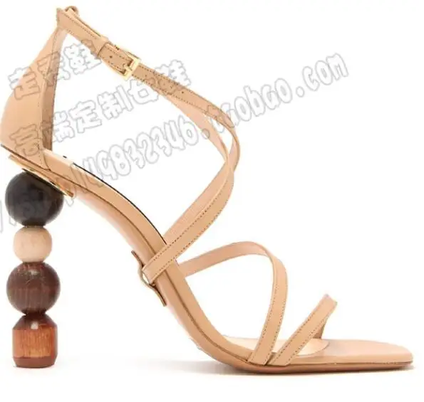 

Hot New Fashion White Apricot Split Leather Flower Shoes Cover Heel Women's Shoes Thin Heels Bling Shallow Women's Sandals
