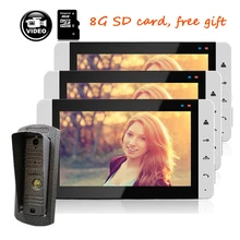 Nueva Conexión de Cable 7 “Color de Grabación de Vídeo Timbre de La Puerta de Intercomunicación Teléfono + Waterproof Camera + 3 Monitor Táctil + 8G SD Del Envío Libre