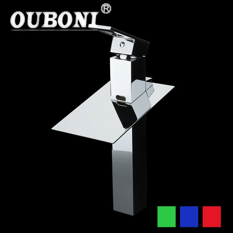 

OUBONI LED Chrome Tall Basin Faucet Water Tap New Bathroom Sink Mixer Waterfall Torneira Vanity Vessel Sinks Mixers Taps Faucets