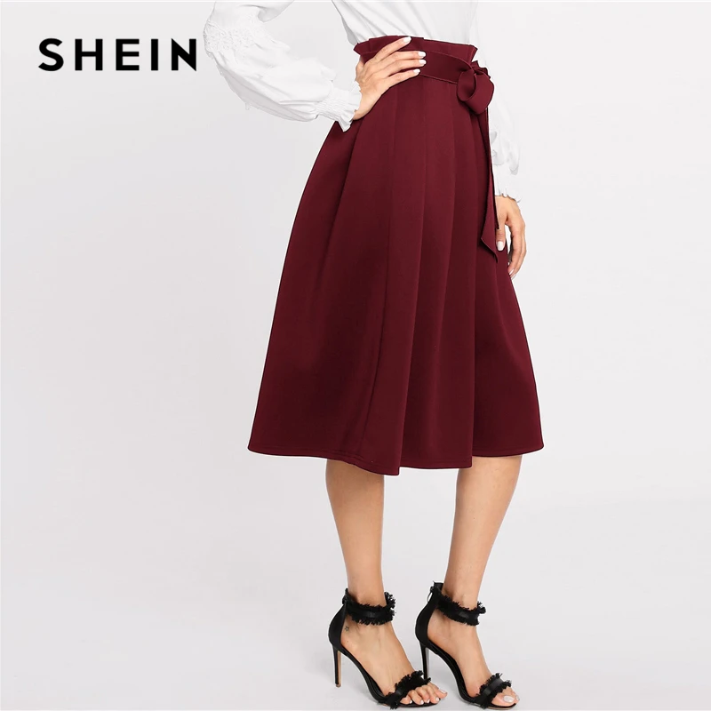 SHEIN бордовая плиссированная Расклешенная юбка с поясом, Женская юбка с высокой талией на лето и осень, однотонная Офисная женская элегантная юбка миди