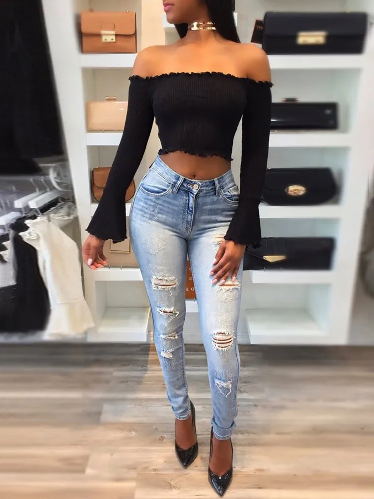 

Summer Women Casual Off Shoulder Crop Top Tee Shirt Long Sleeve Slim Solid Knit Shirt