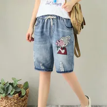 QPFJQD летние тонкие для девочек в цветочек с вышивкой джинсовые шорты женские рваные женские отпуск пляжные шорты, брюки капри Джинсовые укороченные брюки