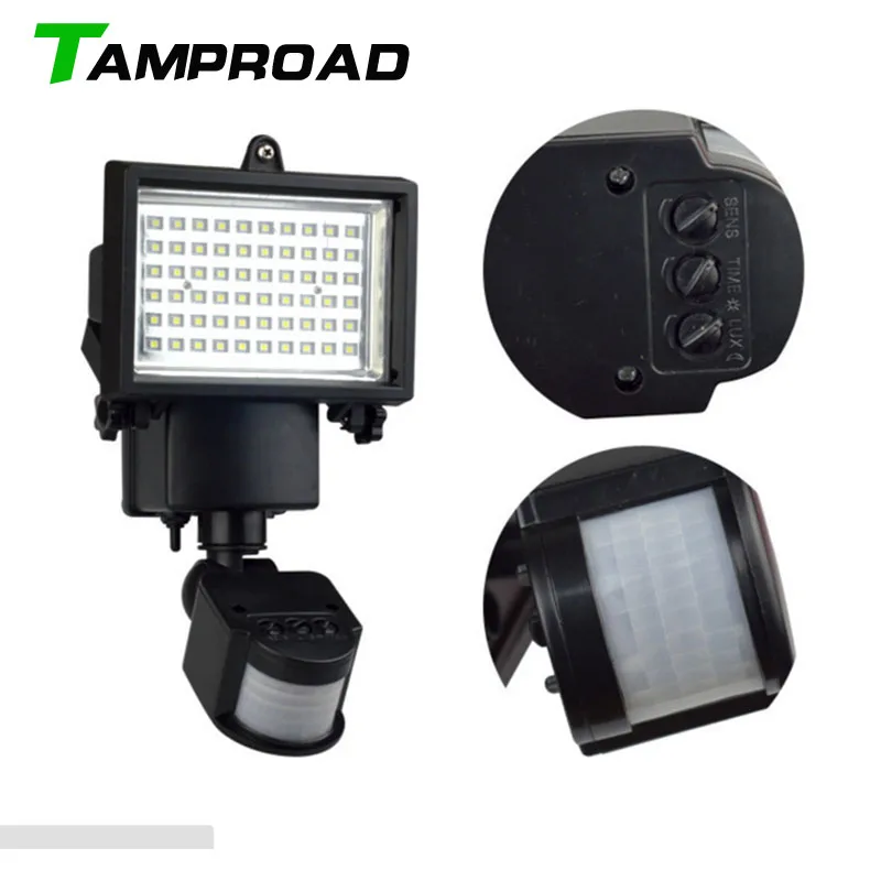 

TAMPROAD Outdoor Solar LED Reflector Lights 60LEDs with PIR Motion Sensor Floodlights Spotlights Post Fountain Outside Wall Lamp