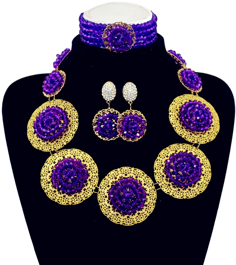 

Fashion Nigerian African Wedding Beads Jewelry Set Gold-color Patterned Wafer Du Bai Crystal Necklace Bracelet Earrings Sets
