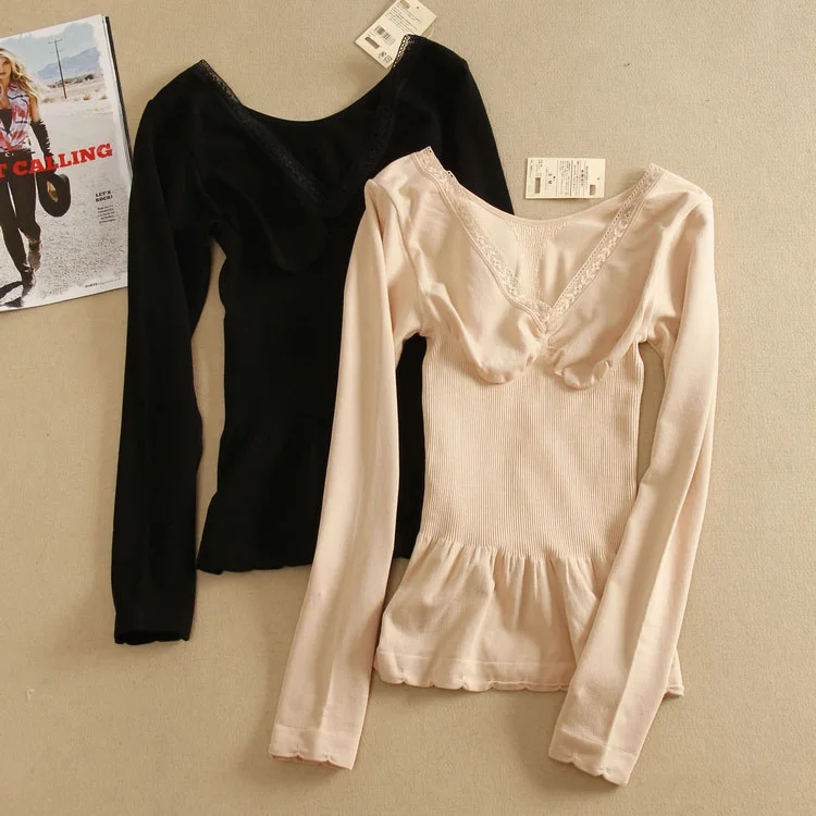 

Autumn and winter cotton shaping thermal underwear for women Heating fiber long sleeve v neck lace Body tight shirt single shirt