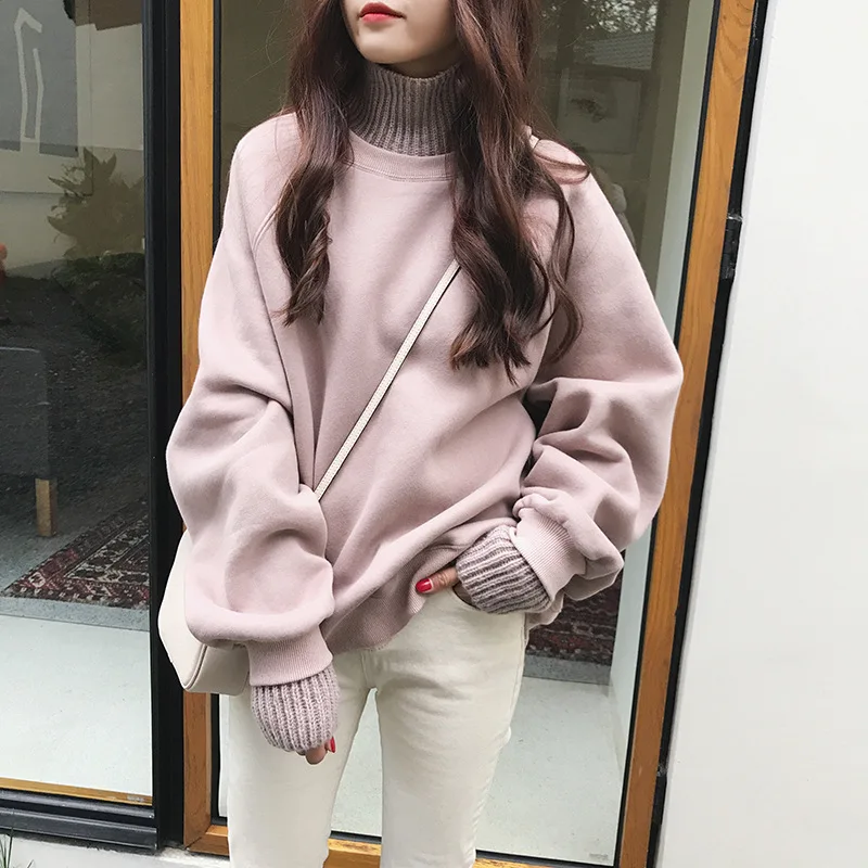 

Autumn Wool Stitching Turtleneck Fake Two Pieces Plus Velvet Thickening Hooded Sweatshirt Female Student Loose Mujer Tops MZ3218