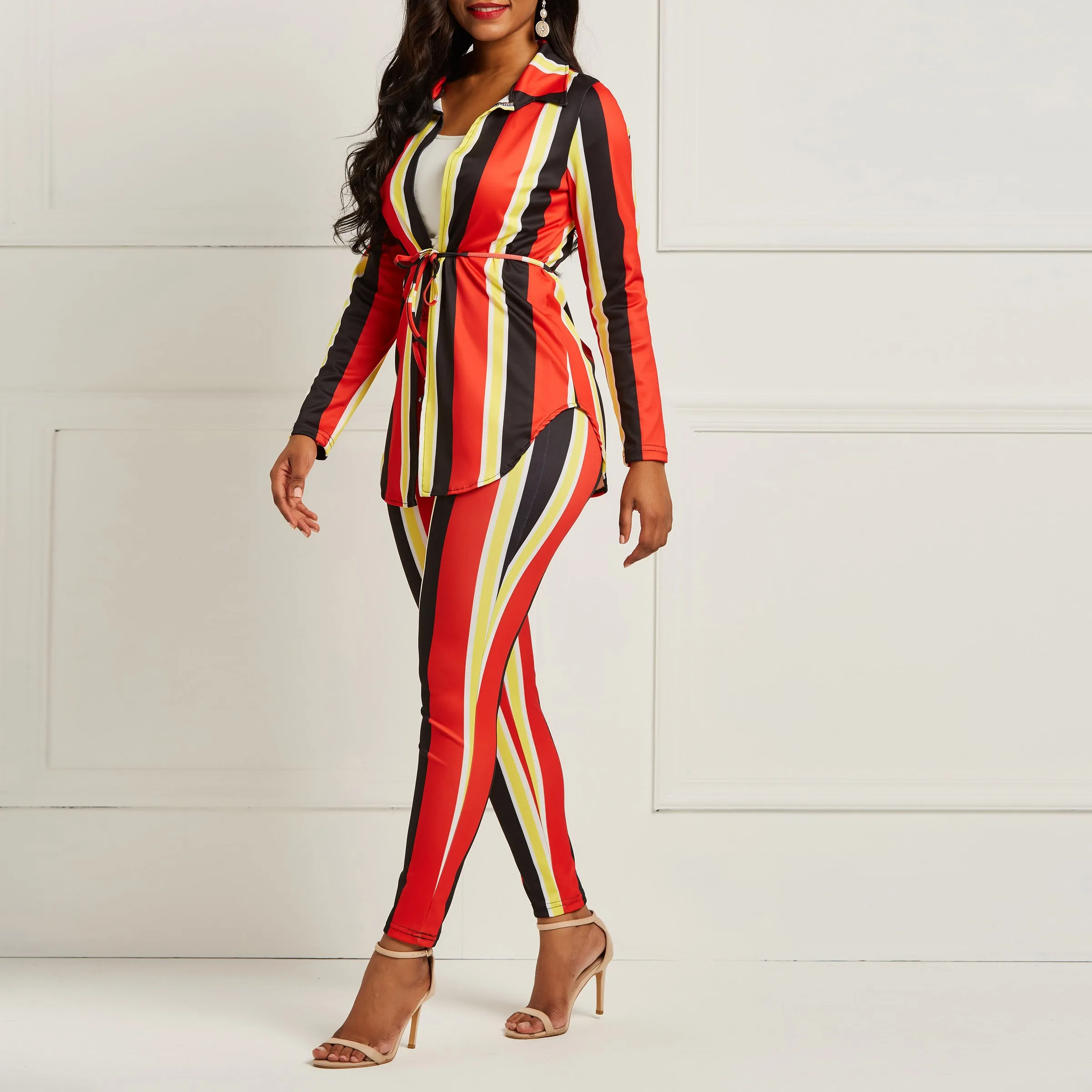 Women Striped Two Piece Long Sleeve Shirt Top+Pants Outfit Outfit Office Work