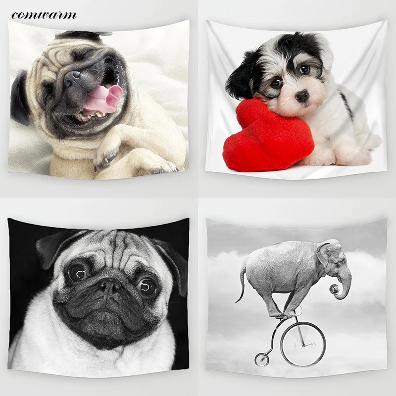 

Comwarm Indian Elephant Painting Animal Pug Dog Wall Hanging Gobelin Polyester Tapestry Living Room Decor Home Decoration