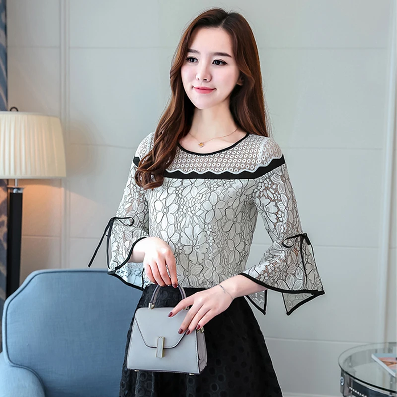 

2018 New Lace Patchwork Blouse Three Quarter Speaker Sleeve O-Neck Shirt Spring Summer Ladies Blouse Elegant Top Women Clothes