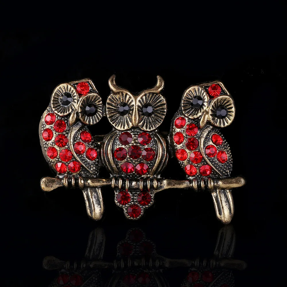 High Quality Cute Three Owl Brooch Rhinestone Brooch Alloy Animal
