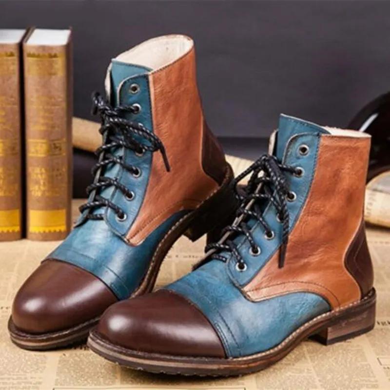 

Western Knight Mixed Colors Army Men Ankle Boots Lace Up Pleated Genuine Leather Round Toe Casual Martin Boots Military Shoes