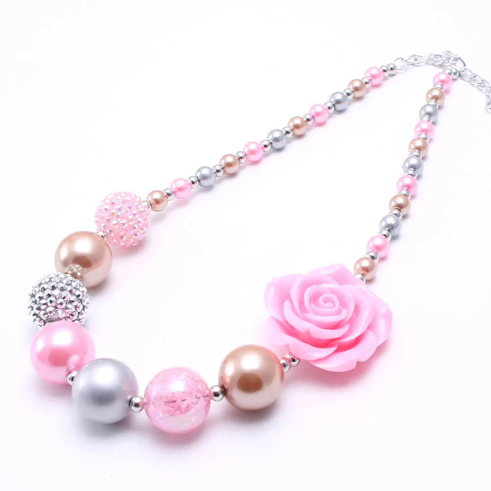 MHS. SUN/1 шт., короткое ожерелье для детей с большим цветком розы, красивое розовое детское ожерелье с бусинами из жевательной резинки для девочек, детские ювелирные изделия для малышей