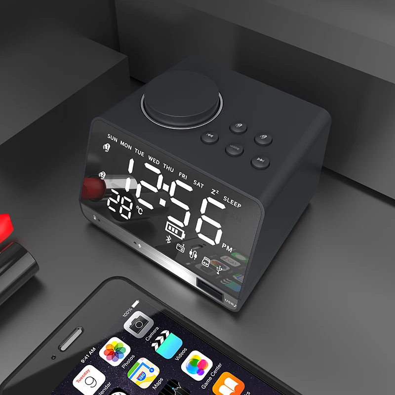 

LED Digital Alarm Clock FM Radio Bluetooth Speaker with Dual USB Interface Charging Audio Music Tabke Clock Temperature Display