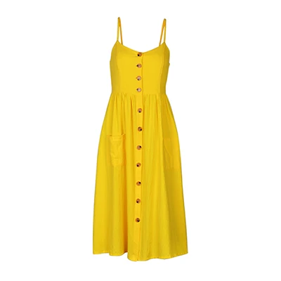 Женское сексуальное платье-туника на бретельках с цветочным принтом, повседневное летнее пляжное платье с полосками, сарафан, женские белые платья с карманами - Цвет: Цвет: желтый