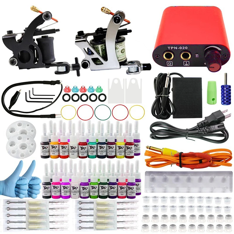 Complete profession Tattoo kits 10 wrap coils 2 guns machine 40 tattoo ink sets power supply disposable needle clip cord tattoo kit completed tattoo kits 8 wrap coils guns machine 4 color tattoo ink sets power supply disposable needle