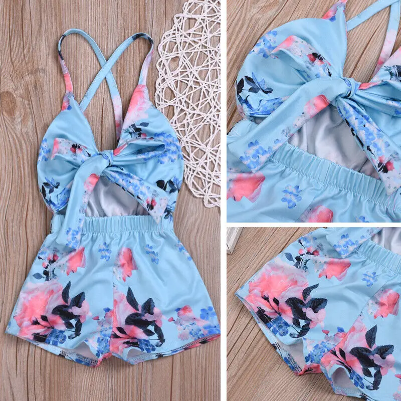 

Newborn Girl tie a knot Floral Bodysuit Jumpsuit Outfits Clothes Toddler Sling Beach Elastic Shorts Set