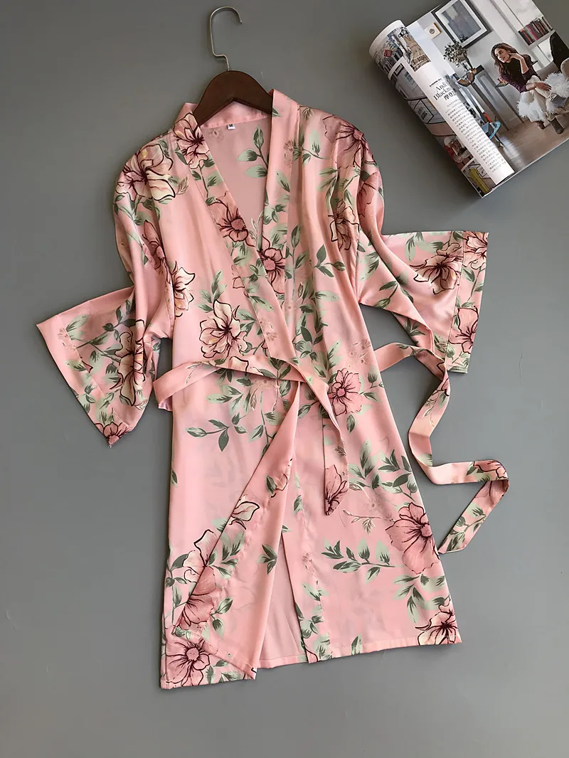 Свежий цветочный атласный Шелковый сексуальный купальный халат для женщин кимоно халаты халат модный нежный розовый цветочный женский домашний халат