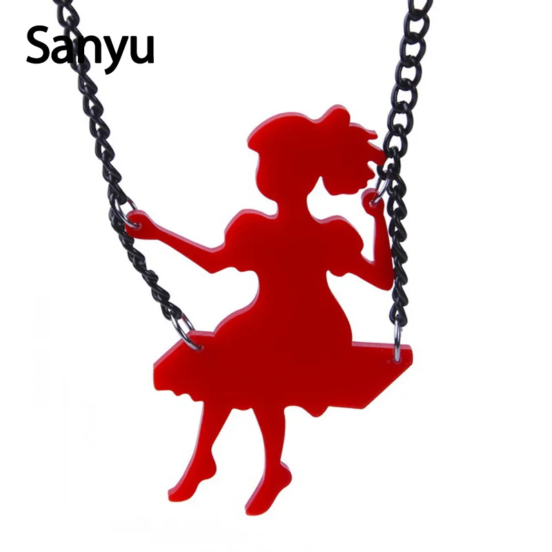

Cute Little Girl With Red Dress On the Swing Acrylic Pendant Necklace for Women Girl Fashion Black Chain Unique Pendant Necklace