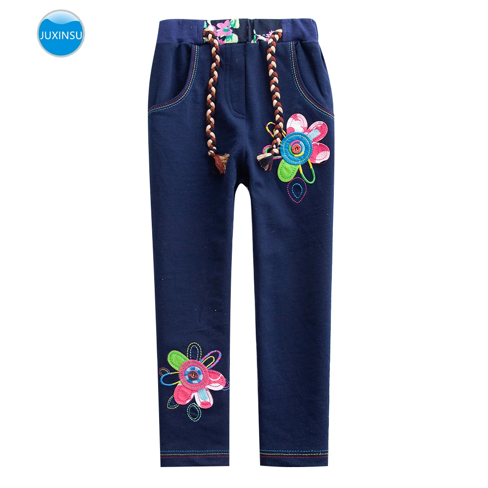 JUXINSU/хлопковые брюки для отдыха для девочек; детские штаны; красивый пояс с цветочной вышивкой для детей 1-7 лет