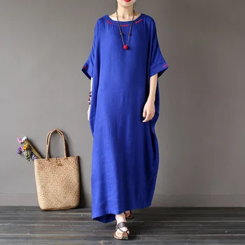 

Plus big size White Red Blue Embroidery Linen Women Dress Casual Oversized Long Dress Linen Brand Design Dress Robe Femme A020