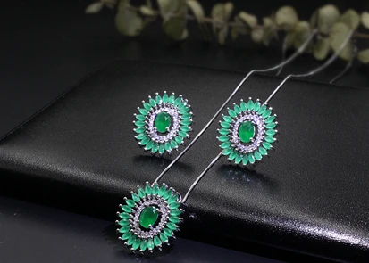 Круглые цветы кулон ожерелье и серьги-гвоздики набор украшений для женщин с AAA кубический циркон Высокое качество модные ювелирные наборы - Окраска металла: green white  plated
