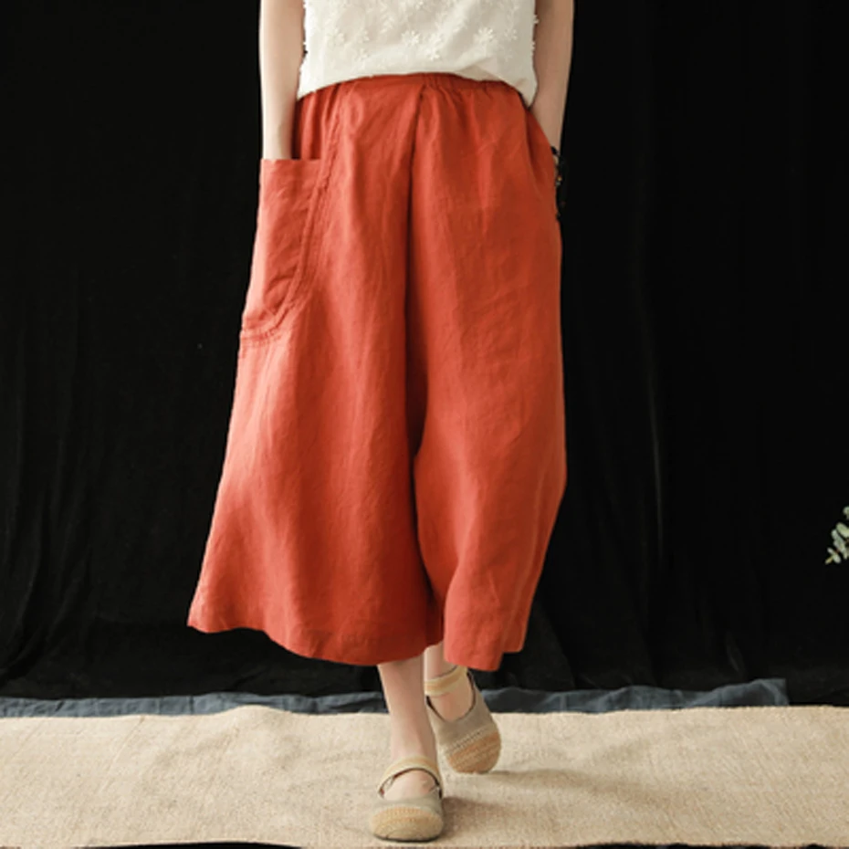 

Women Linen Wide Leg Trousers Retro Vintage Casual Fashion for Summer Big Loose Oversized Capris Elastic Waist Pants AZ44201717