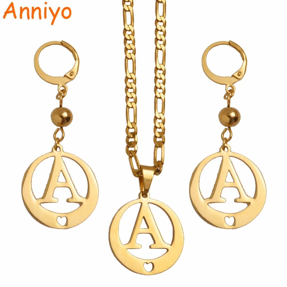 Anniyo (A to Z) Gold Color Alphabet Necklace/Earrings