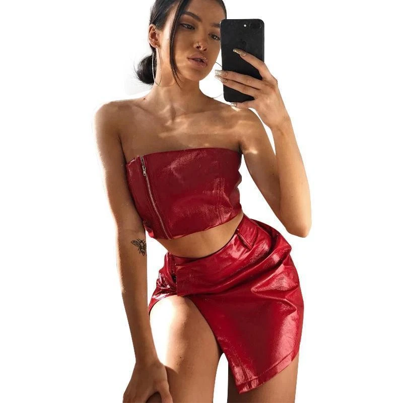 

Red Two Pieces Set Summer Women 2018 New Arrival PU Off Shoulder Bandeau Crop Tops Irregular Mini Skirt Sexy Women Clothing Set