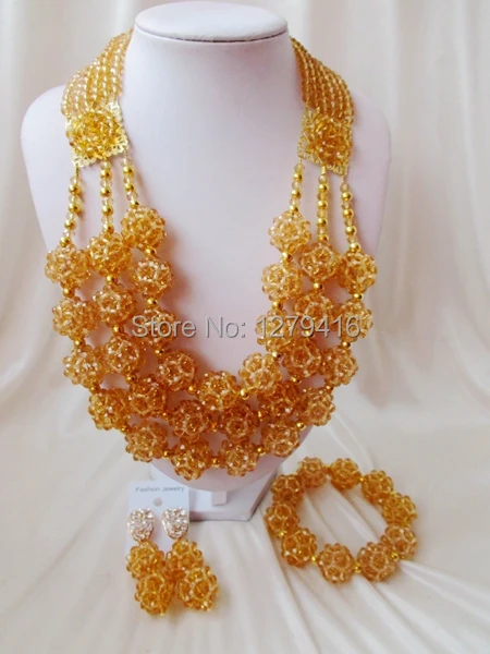 

2016 Fashion Champagne Gold african crystal beads necklace set nigerian wedding african beads jewelry Set Free shipping Ab013
