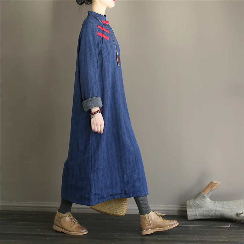 Johnature, зимнее новое платье с длинным рукавом, женское теплое платье со стоячим воротником и пуговицами, китайский стиль, Cheongsam, винтажные плотные женские платья