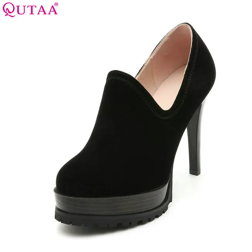 

QUTAA 2018 Women Pumps Zipper Woman Shoes PU leather/Scrub Thin Super High Heel Platform Ladies Wedding Pumps Szie 34-43