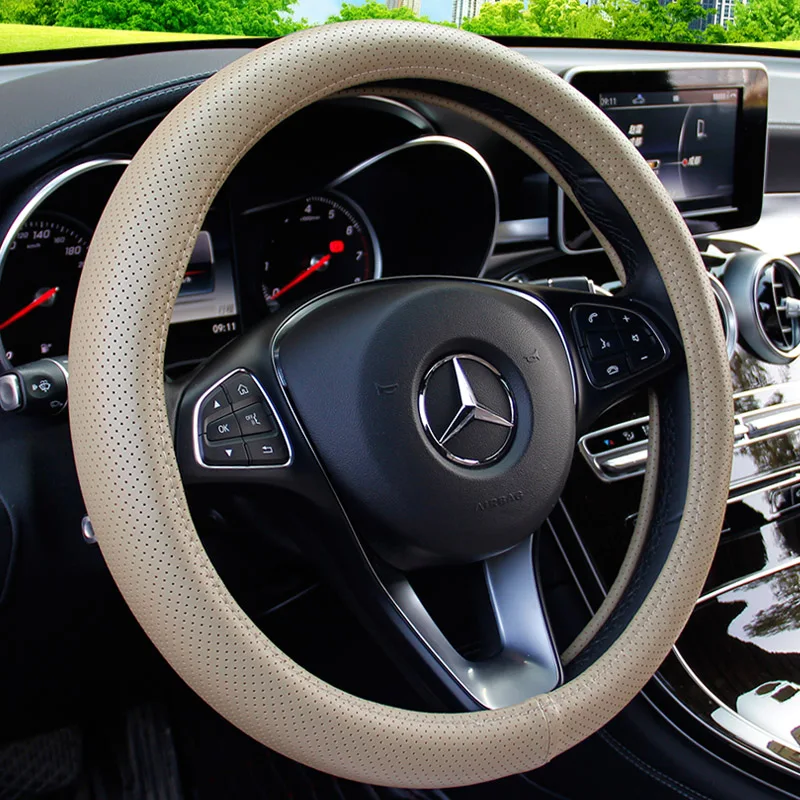 

OUMANU 38cm car steering wheel cover universal cow leather car steering wheel cover with anti slip cowskin beige black gray