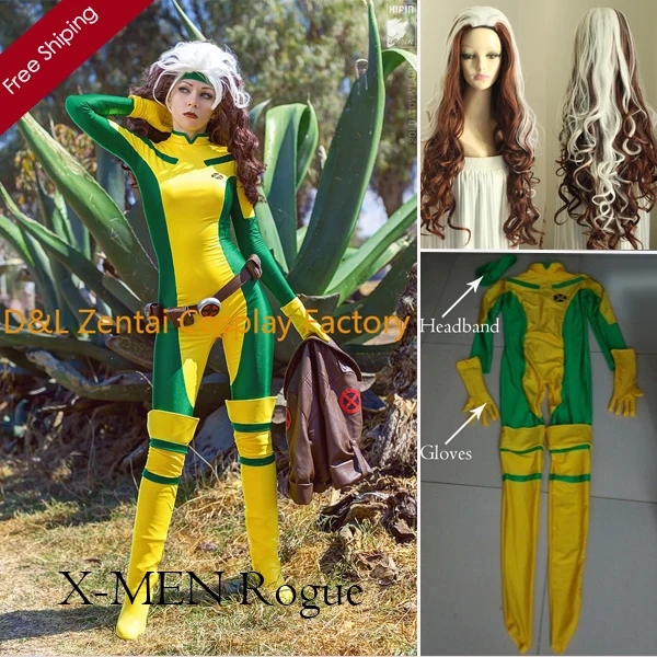 2014 Хеллоуин костюм X Men Rogue косплей желтый и зеленый лайкра спандекс супергероя