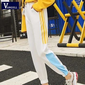 

Vangull Women Sport Pants Side Stripe Harajuku Ankle-length Pants 2019 Autumn Spliced High Waist Loose Reflective Harem Pants