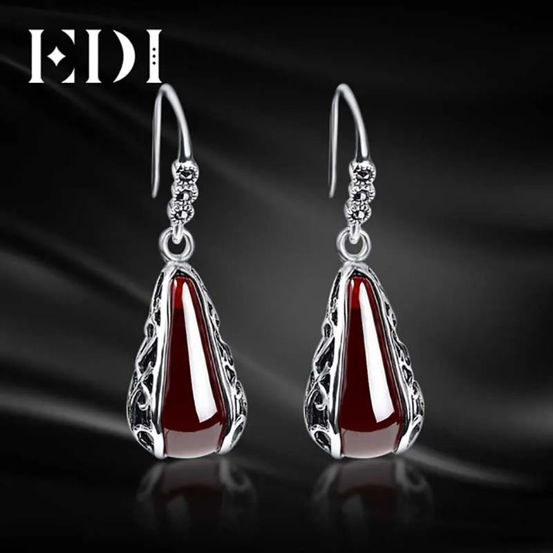 

EDI Vintage Women 925 Sterling Thai Silver Dangle Earrings Red Garnet Drop Statement Earrings For Women Wedding Bride Jewelry