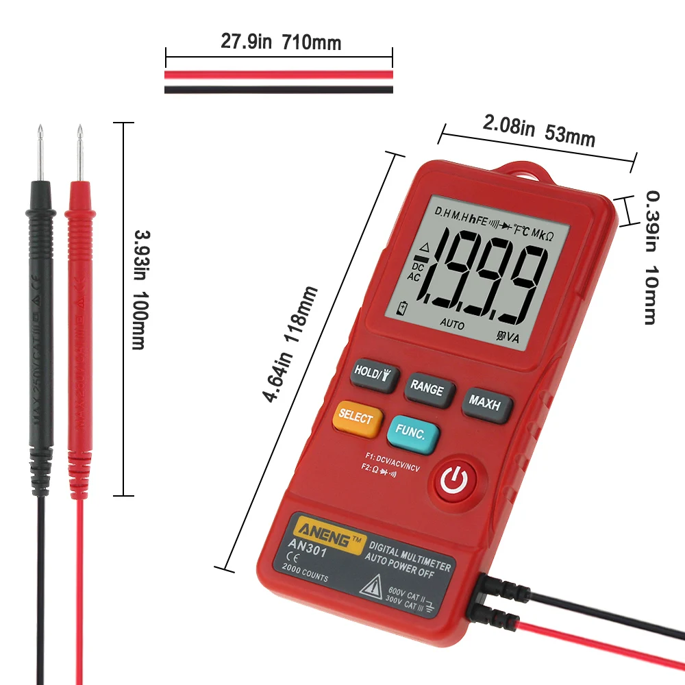 Multi-function AN301 Mini Digital Multimeter 1999 Counts Portable AC DC Voltmeter Resistance Ammeter Meter Tester with LED Light