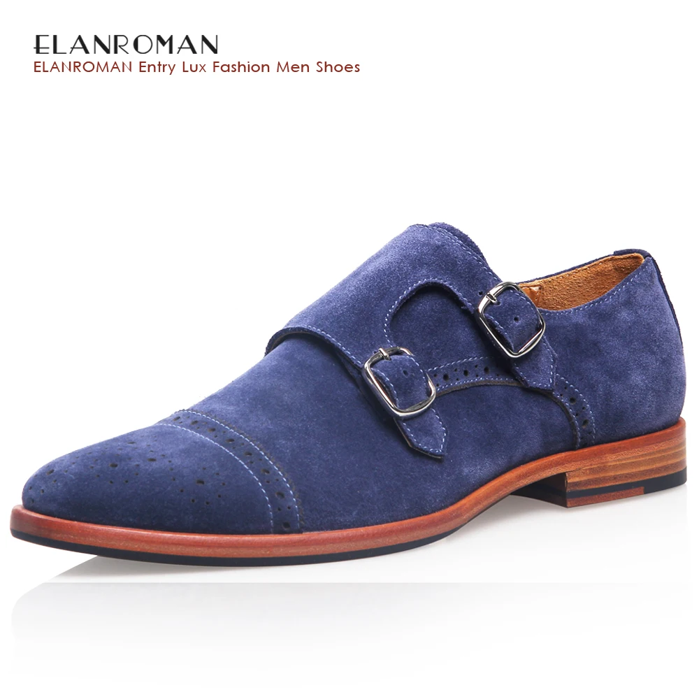 ELANROMAN Brand Fashion Mens casual shoes luxury genuine leather flats business formal shoes mens dress monk strap shoes