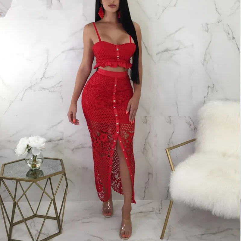

Hollow out sexy yellow long dress Women lace ruffle 2 piece maxi holiday dress Bodycon summer holiday party beach dress