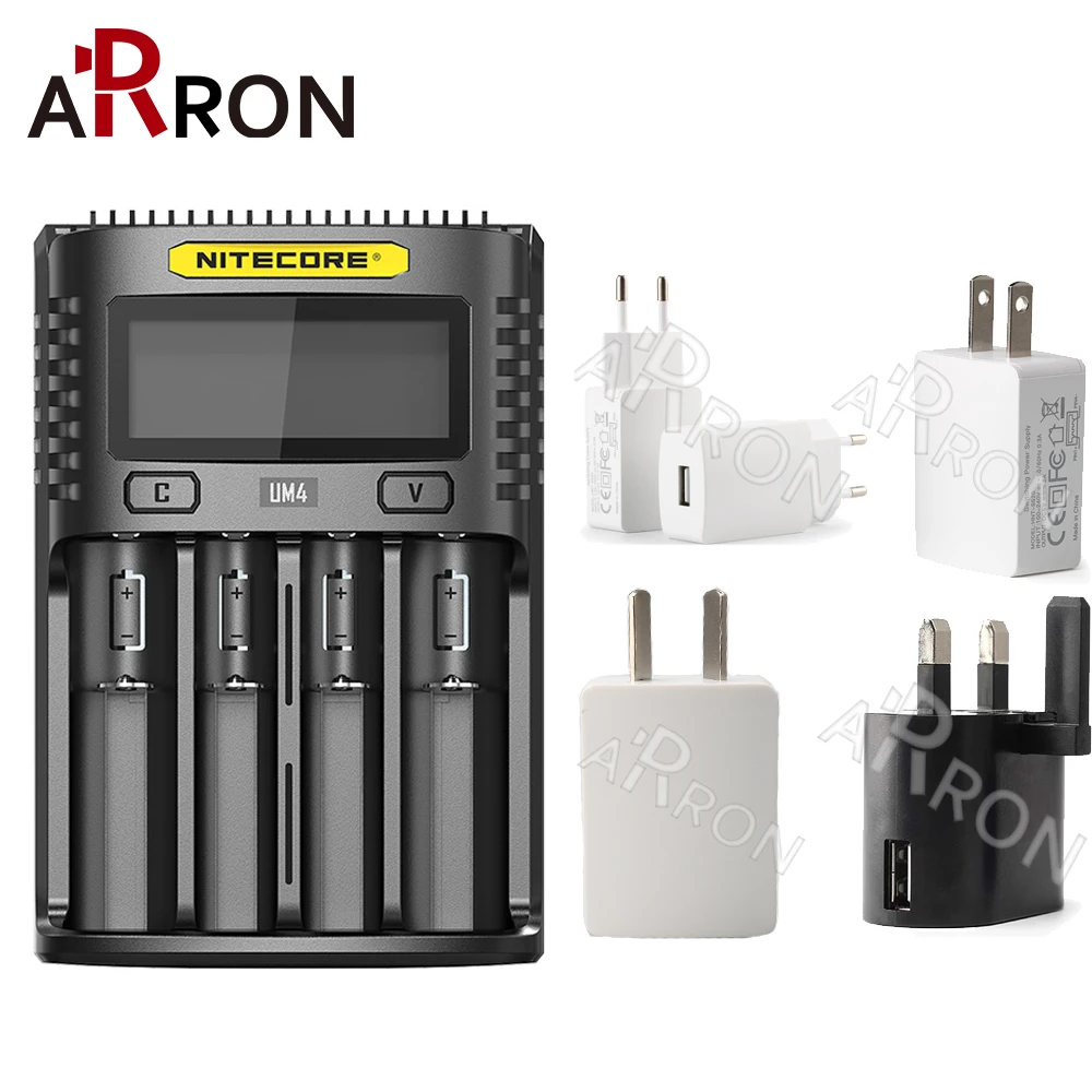 

NITECOR UM4 C4 VC4 LCD Smart Battery Charger for Li-ion/IMR/INR/ICR/LiFePO4 16500 14500 18650 26650 21700 AAA Batteries Add plug