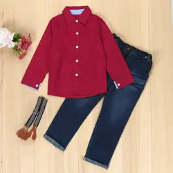 Детская Костюмы 1 компл. детские для маленьких мальчиков красивый красная рубашка + подтяжки Мотобрюки одежда Обувь для девочек одежда F или