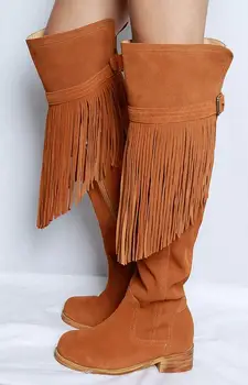 

Womens Fringe Boot Brown Suede Tassel Over The Knee Boots Flat Stretch High Boots Round Toe Winter Long Tall Boots Big Size