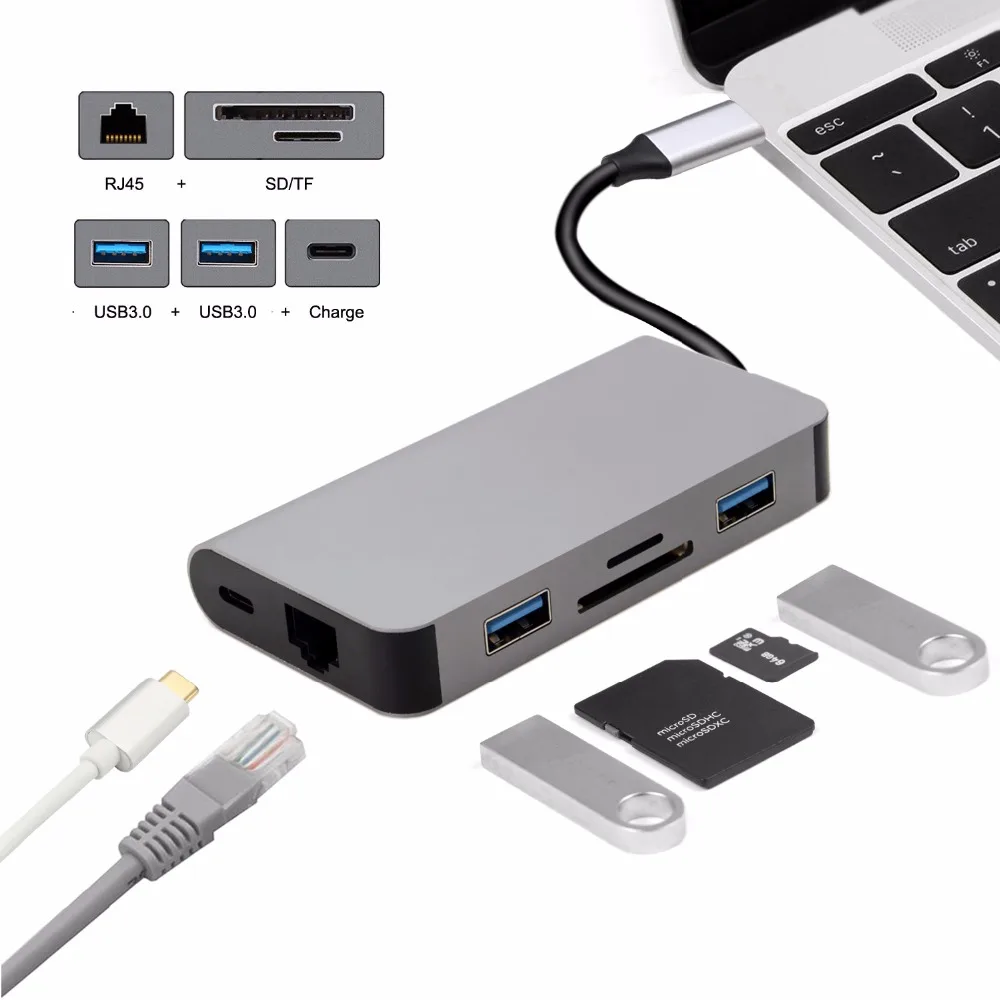 Док USB-C C type-C к Ethernet 2 порта концентратор TF зарядное устройство SD кардридер многопортовый адаптер