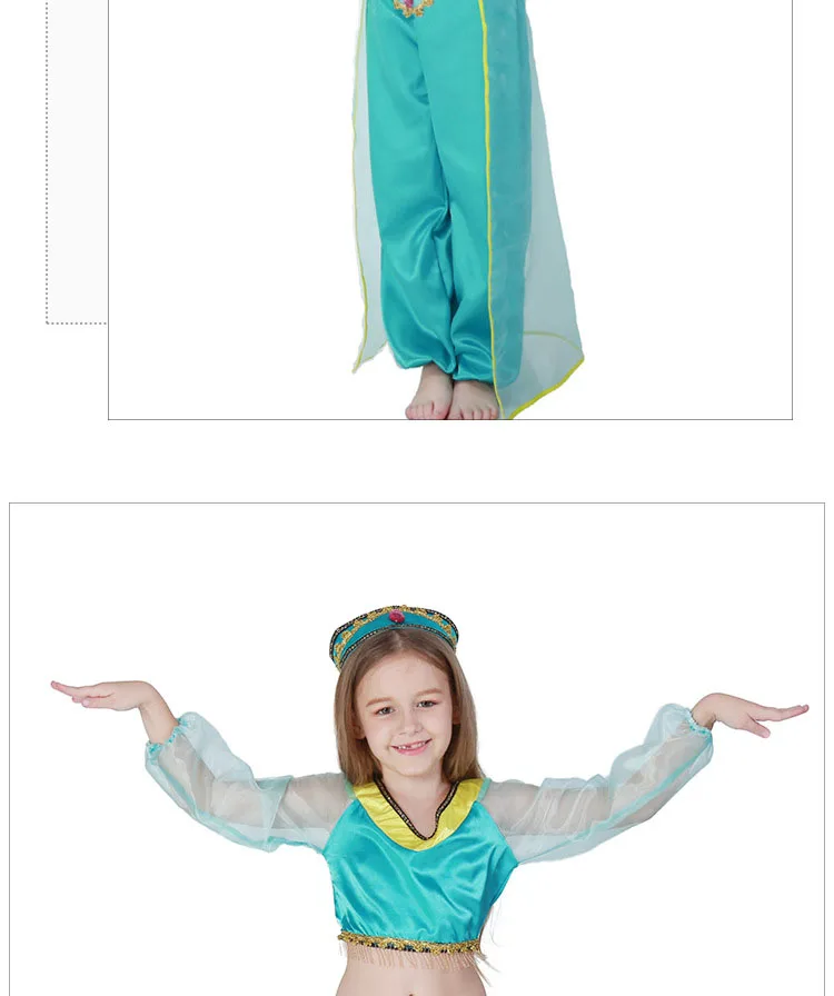 Aladdin's Lamp Jasmine Halloween Green Арабские костюмы для девочек детское платье для танца живота индийская танцевальная одежда Гибкая яркая изящная