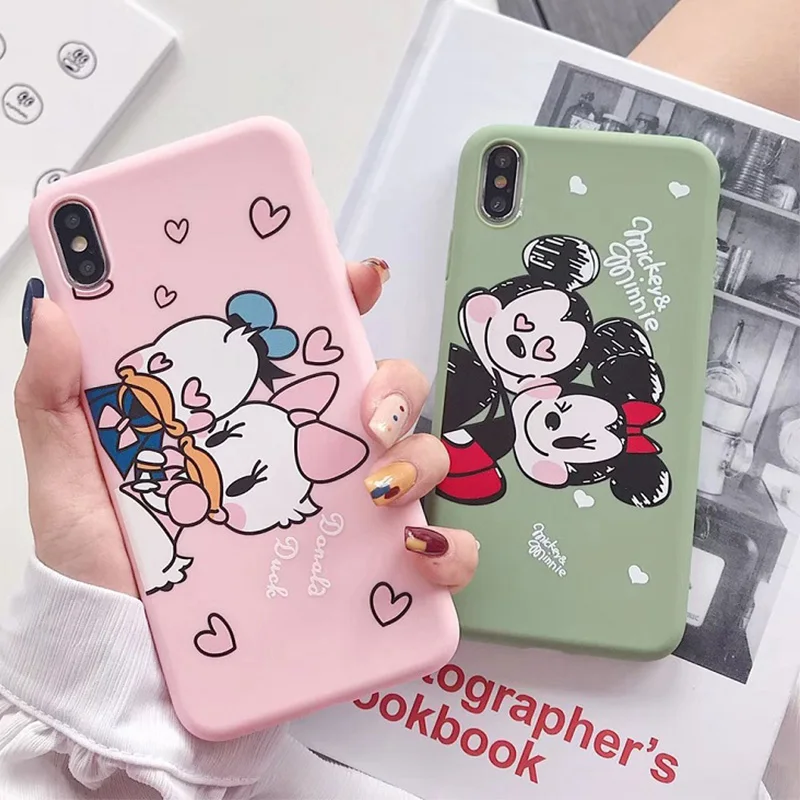 

Soft silicone matte pink Phone Case For iPhone 6 6s 8 7 plus x xs max xr Mickey Minnie Donald Duck Daisy lovely Cover